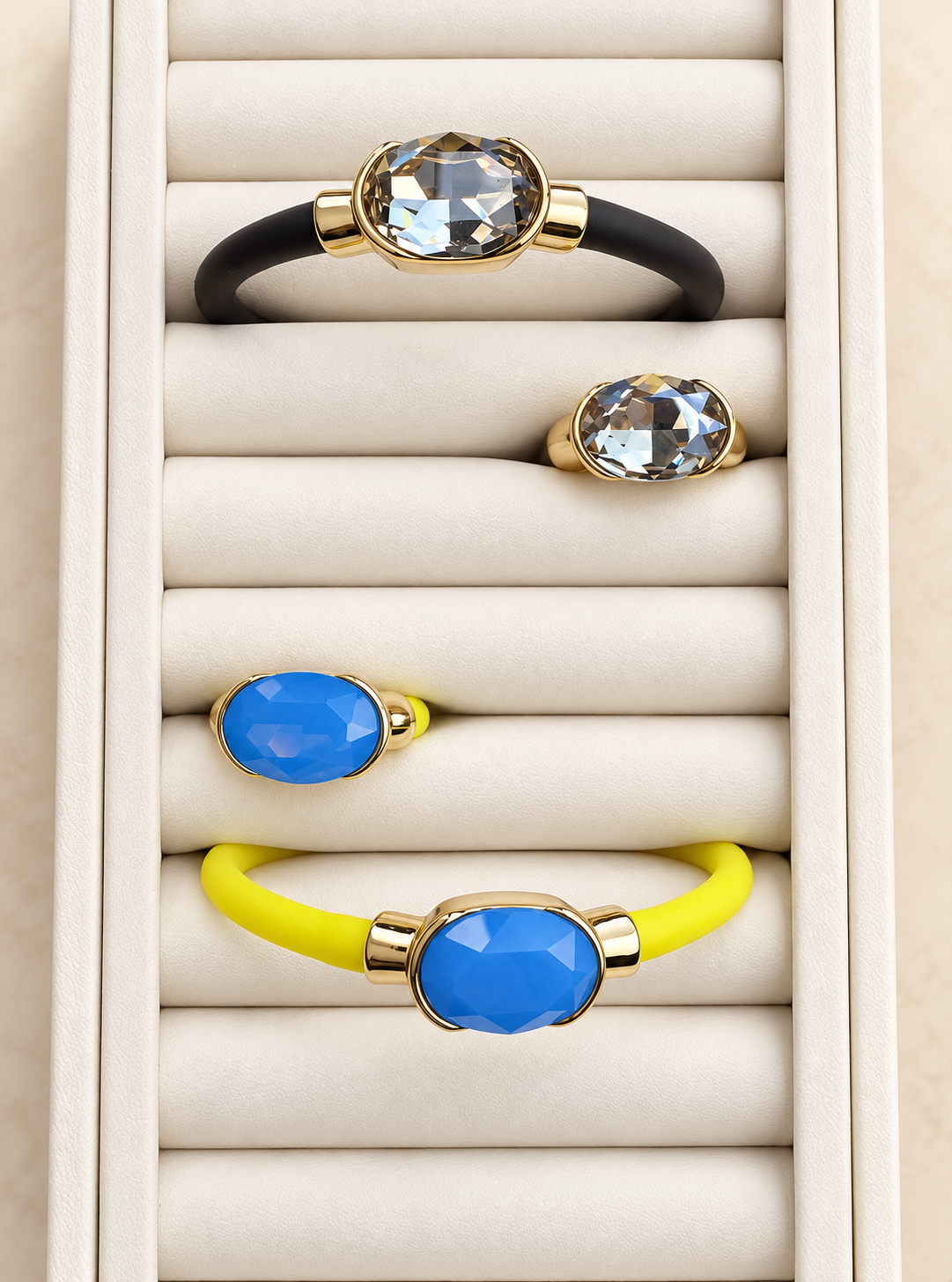 Blue and crystal gemstone bracelets and rings