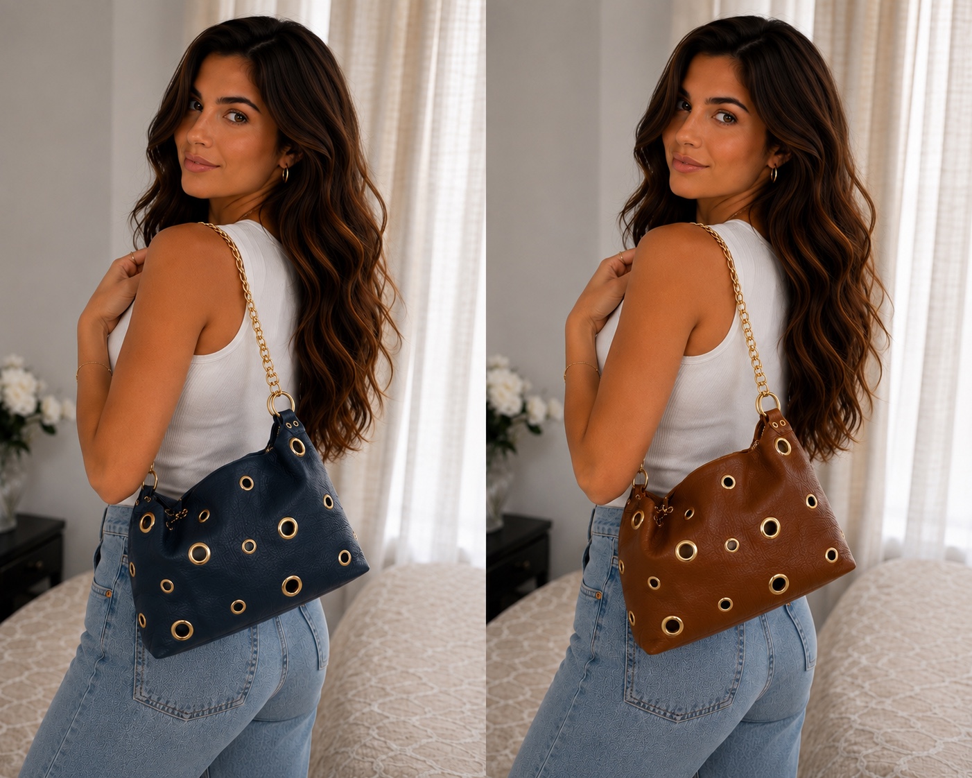 Grommet shoulder handbags in navy and cognac
