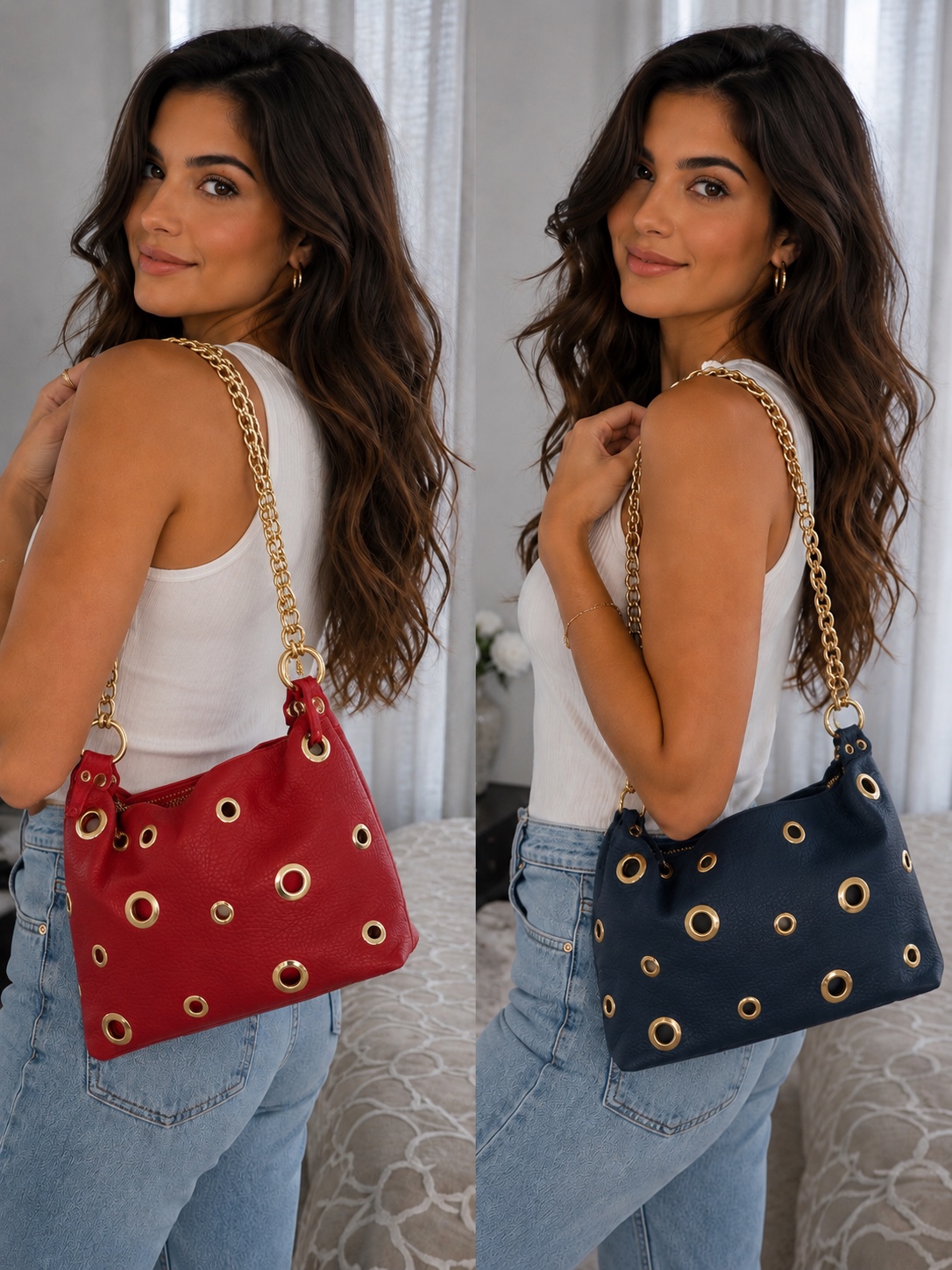 Grommet shoulder handbags in red and navy